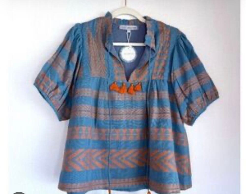 NWT Just Bellina Embroidered Tassle 1/2 sleeve Boho top. Blue and orange.